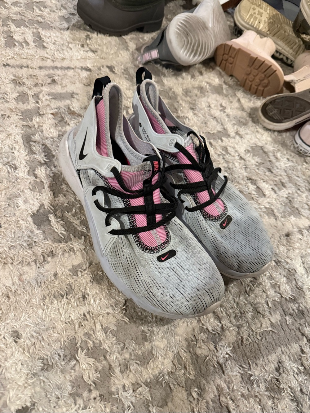 Nike Women’s Light Gray and Pink Running Sneakers with Black Accents